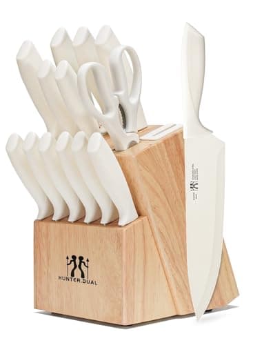 Knife Set, HUNTER.DUAL 15 Pcs Kitchen Knife Set with Block Self Sharpening, Dishwasher Safe, Anti-slip Handle (Beige)