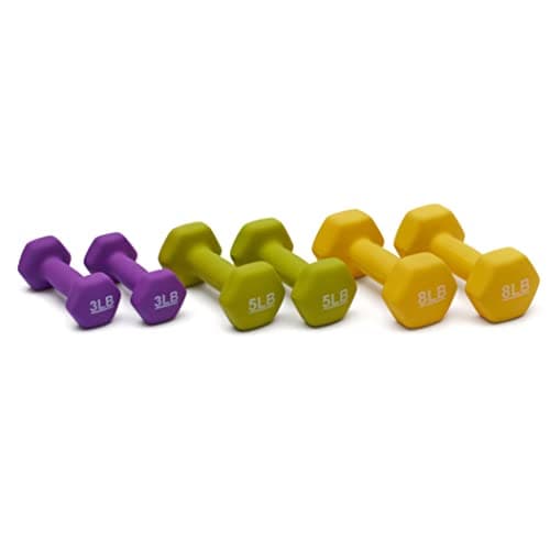 Amazon Basics Neoprene Dumbbell Hand Weights, Rack with 3 Pairs (3, 5, and 8 Pounds), Purple/Green/Yellow - View 3