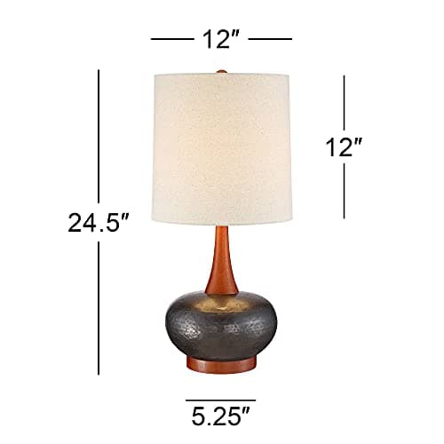 360 Lighting Andi Mid Century Modern Table Lamp 24.5" High Hammered Bronze Ceramic Wood Off White Tall Drum Shade for Living Room Bedroom House Bedside Nightstand Home Office (Color May Vary) - View 4