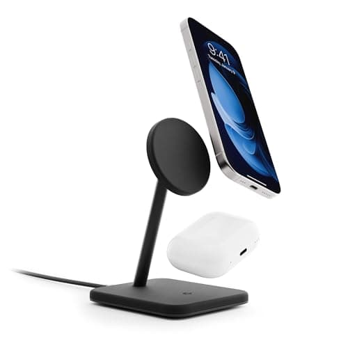 Twelve South HiRise 2 Deluxe 2-in-1 Wireless Charging Station for Apple Devices - Qi2 MagSafe Charger, Fast Wireless Charger Stand for iPhone 15 14 13 12 11 Pro & Max Series, AirPods Pro/3/2, Black