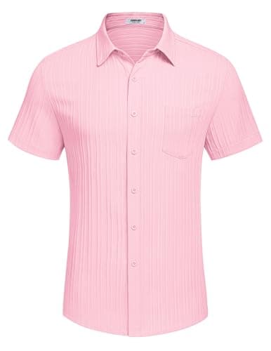 COOFANDY Mens Beach Shirt Short Sleeve Button Down Shirts Summer Beach Shirt Untucked Shirts for Men Pink - View 4