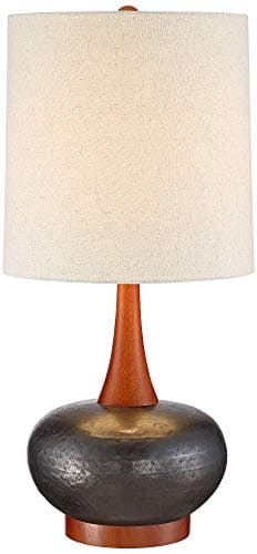 360 Lighting Andi Mid Century Modern Table Lamp 24.5" High Hammered Bronze Ceramic Wood Off White Tall Drum Shade for Living Room Bedroom House Bedside Nightstand Home Office (Color May Vary) - View 2