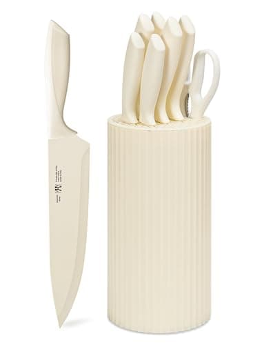 HUNTER.DUAL Knife Set, 8-Piece Kitchen Knife Set for Chef, Sharp Knife Set with Universal Knife Block, Anti-Rust Kitchen Knife Block Set, Ergonomical Design (White)