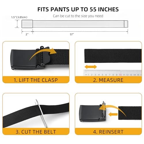 Mile High Life Cut To Fit Canvas Web Belt Size Up to 52" with Flip-Top Solid Black Military Buckle - View 2