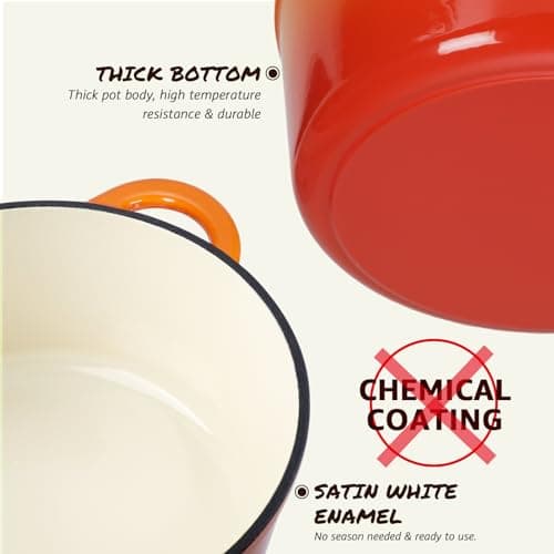 Overmont Enameled Cast Iron Dutch Oven - 4.5QT Pot with Lid Cookbook & Cotton Potholders - Heavy-Duty Cookware for Braising, Stews, Roasting, Bread Baking orange - View 8