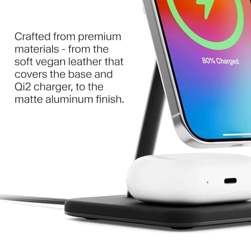 Twelve South HiRise 2 Deluxe 2-in-1 Wireless Charging Station for Apple Devices - Qi2 MagSafe Charger, Fast Wireless Charger Stand for iPhone 15 14 13 12 11 Pro & Max Series, AirPods Pro/3/2, Black - View 5