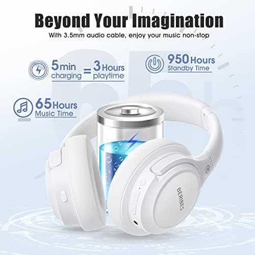 BERIBES Bluetooth Headphones Over Ear, 65H Playtime and 6 EQ Music Modes Wireless Headphones with Mic, HiFi Stereo Foldable Lightweight Headset, Deep Bass for Home Office Cellphone PC Etc.(White) - View 3