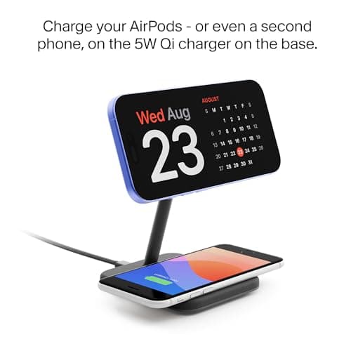 Twelve South HiRise 2 Deluxe 2-in-1 Wireless Charging Station for Apple Devices - Qi2 MagSafe Charger, Fast Wireless Charger Stand for iPhone 15 14 13 12 11 Pro & Max Series, AirPods Pro/3/2, Black - View 6
