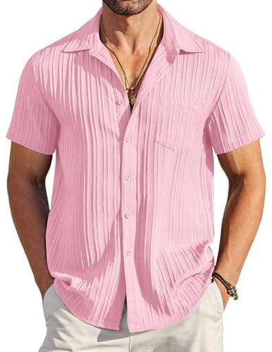 COOFANDY Mens Beach Shirt Short Sleeve Button Down Shirts Summer Beach Shirt Untucked Shirts for Men Pink