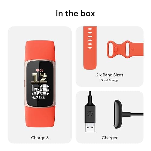 Fitbit Charge 6 Fitness Tracker with Google apps, Heart Rate on Exercise Equipment, 6-Months Premium Membership Included, GPS, Health Tools and More, Gold/Coral, One Size (S & L Bands Included) - View 8