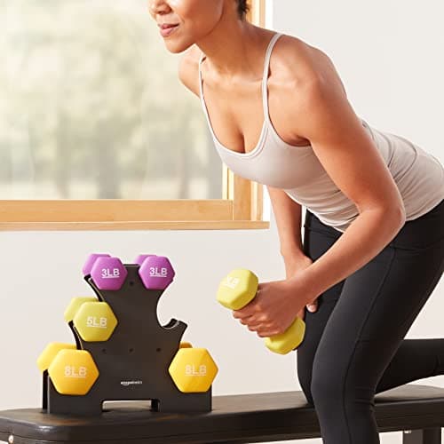 Amazon Basics Neoprene Dumbbell Hand Weights, Rack with 3 Pairs (3, 5, and 8 Pounds), Purple/Green/Yellow - View 6