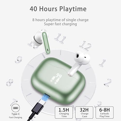 Wireless Earbuds, Bluetooth 5.4 Headphones in Ear with 4 ENC Noise Cancelling Mic, New Wireless Earphones HiFi Stereo Deep Bass 40H Playtime, In-Ear Bluetooth Earbuds LED Display IP7, USB-C, Green - View 6