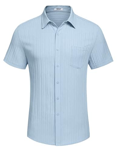 COOFANDY Men's Casual Button Down Shirts Short Sleeve Textured Linen Summer Beach Shirt with Pocket Light Blue - View 4