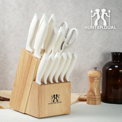 Knife Set, HUNTER.DUAL 15 Pcs Kitchen Knife Set with Block Self Sharpening, Dishwasher Safe, Anti-slip Handle (Beige) - View 7
