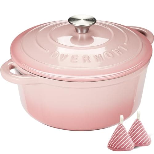 Overmont Enameled Cast Iron Dutch Oven - 4.5QT Pot with Lid Cookbook & Cotton Potholders - Heavy-Duty Cookware for Braising, Stews, Roasting, Bread Baking pink