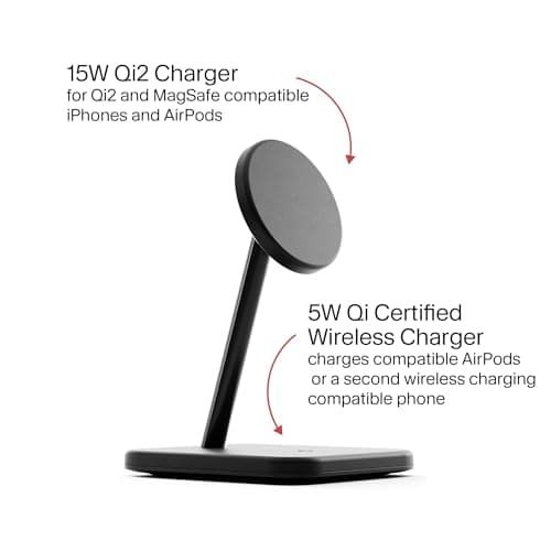 Twelve South HiRise 2 Deluxe 2-in-1 Wireless Charging Station for Apple Devices - Qi2 MagSafe Charger, Fast Wireless Charger Stand for iPhone 15 14 13 12 11 Pro & Max Series, AirPods Pro/3/2, Black - View 2