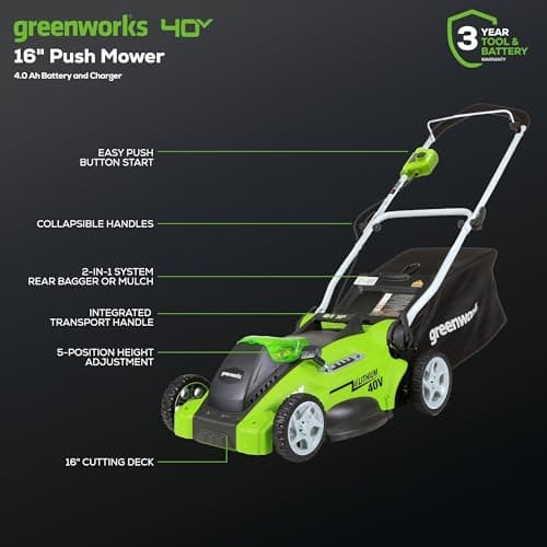 Greenworks 40V 16" Cordless (Push) Lawn Mower (75+ Compatible Tools), 4.0Ah Battery and Charger Included - View 2