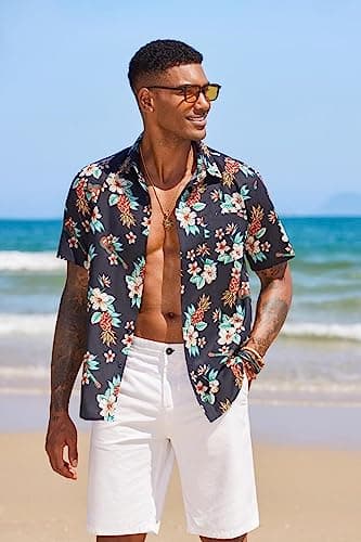 COOFANDY Men's Hawaiian Shirt Short Sleeve Casual Button Down Floral Printed Beach Shirts with Pocket Black - View 2