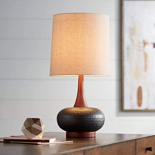 360 Lighting Andi Mid Century Modern Table Lamp 24.5" High Hammered Bronze Ceramic Wood Off White Tall Drum Shade for Living Room Bedroom House Bedside Nightstand Home Office (Color May Vary)