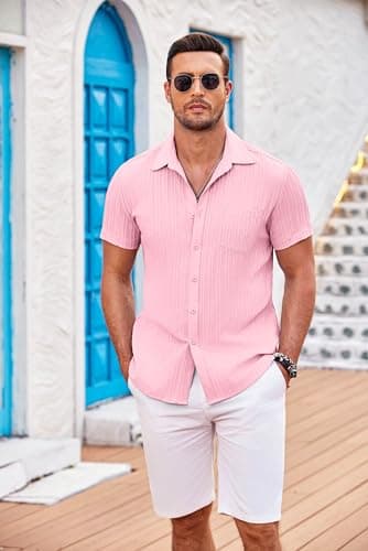COOFANDY Mens Beach Shirt Short Sleeve Button Down Shirts Summer Beach Shirt Untucked Shirts for Men Pink - View 2