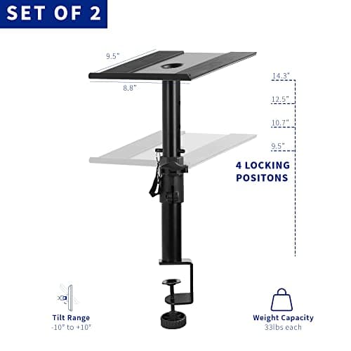 VIVO Clamp-on Speaker Stand Desk Mount Set, 10 x 9 inch Trays, Height Adjustment and Tilt, Universal Audio Holders for Computer and Bookshelf Speakers, Elevated Sound, 2 Pack, Black, MOUNT-SP01CB - View 3