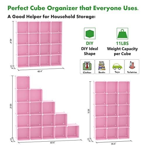 C&AHOME Cube Storage Organizer, 16-Cube Shelves Units, Plastic Storage Cubes, DIY Closet Organizer, Modular Closet Storage Shelves Ideal for Home, Bedroom, 48.4" L × 12.4" W × 48.4" H Pink UPCS16P - View 2