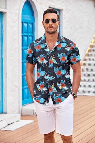 COOFANDY Mens Hawaiian Shirt Short Sleeve Floral Button Down Shirts Tropical Summer Beach Shirts - View 2