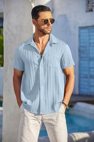 COOFANDY Men's Casual Button Down Shirts Short Sleeve Textured Linen Summer Beach Shirt with Pocket Light Blue - View 3