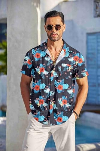COOFANDY Mens Hawaiian Shirt Short Sleeve Floral Button Down Shirts Tropical Summer Beach Shirts - View 4