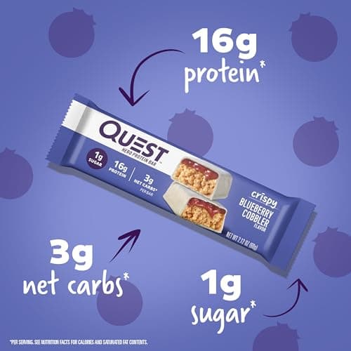 Quest Nutrition Crispy Blueberry Cobbler Hero Protein Bar, 16g Protein, 1g Sugar, 3g Net Carb, Gluten Free Protein Snack, Keto Friendly, 12 Count - View 2