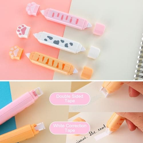 Bewudy 3 Pcs White Out Correction Tape 2 in 1 Double Head Dual Use, Cat Paw Shaped Correction Tape and Roller Double Sided Dispensing Glue Combo, for Kids Students Office School Supplies - View 3