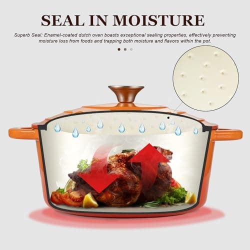 Overmont Enameled Cast Iron Dutch Oven - 4.5QT Pot with Lid Cookbook & Cotton Potholders - Heavy-Duty Cookware for Braising, Stews, Roasting, Bread Baking orange - View 2