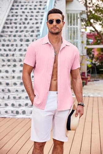 COOFANDY Mens Beach Shirt Short Sleeve Button Down Shirts Summer Beach Shirt Untucked Shirts for Men Pink - View 3