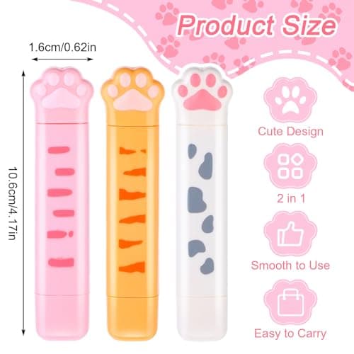 Bewudy 3 Pcs White Out Correction Tape 2 in 1 Double Head Dual Use, Cat Paw Shaped Correction Tape and Roller Double Sided Dispensing Glue Combo, for Kids Students Office School Supplies - View 4