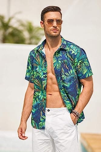 COOFANDY Mens Tropical Shirt Hawaiian Short Sleeve Casual Button Down Shirt Floral Printed Beach Shirts with Pocket - View 3