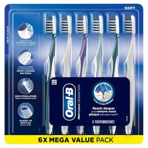 Oral-B Pro Health CrossAction All in One Soft Toothbrushes, Deep Plaque Fighter, Rounded Bristles Gentle on Teeth, Tongue and Cheek Cleaner, Gum Stimulators, 6 Count, Tooth Brush Pack