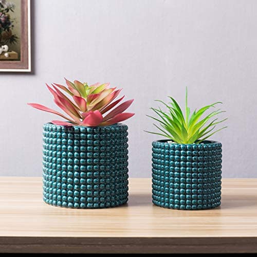 MyGift 6 Inch Ceramic Round Planter Pot, Set of 2 Vintage-Style Turquoise Ceramic Flower Pots, Indoor Hobnail Textured Cylindrical Succulent Plant Containers - View 3