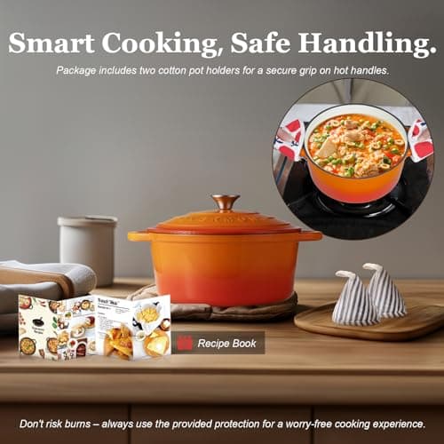 Overmont Enameled Cast Iron Dutch Oven - 4.5QT Pot with Lid Cookbook & Cotton Potholders - Heavy-Duty Cookware for Braising, Stews, Roasting, Bread Baking orange - View 6