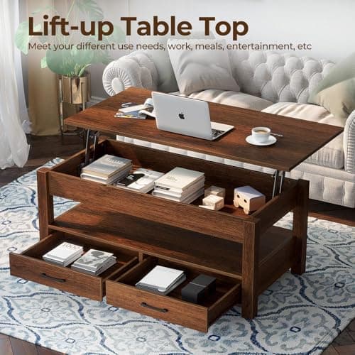 Rolanstar Coffee Table, Lift Top Coffee Table with Drawers and Hidden Compartment, Retro Central Table with Wooden Lift Tabletop, for Living Room,Espresso - View 4