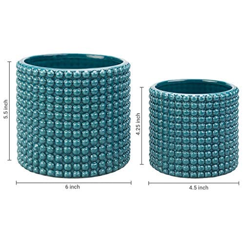 MyGift 6 Inch Ceramic Round Planter Pot, Set of 2 Vintage-Style Turquoise Ceramic Flower Pots, Indoor Hobnail Textured Cylindrical Succulent Plant Containers - View 4