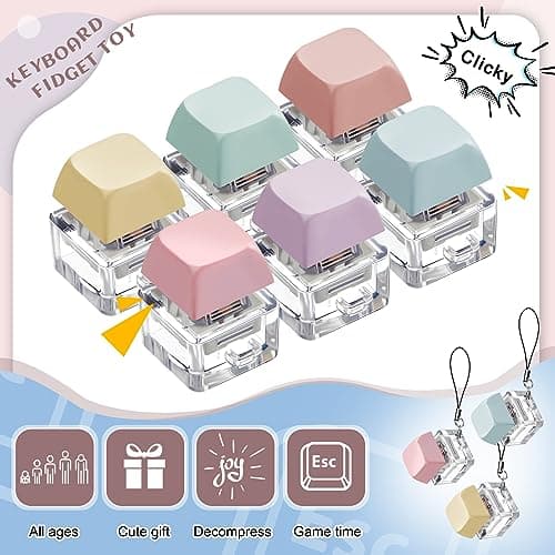 Taiyin 6 Pcs Keyboard Fidget Toy Fidget Clicker Keyboard Keychain Decompression Toys Button Stress Relief Gifts for Adult to Relief Stress Pass the Time(Macaron Colors) - View 3