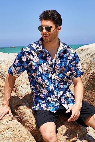 COOFANDY Mens Tropical Hawaiian Shirt Short Sleeve Casual Button Down Floral Printed Beach Shirts with Pocket Blue - View 2