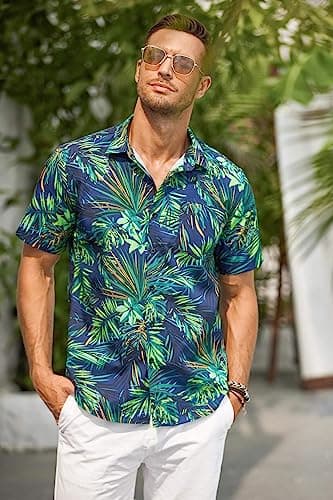 COOFANDY Mens Tropical Shirt Hawaiian Short Sleeve Casual Button Down Shirt Floral Printed Beach Shirts with Pocket - View 2