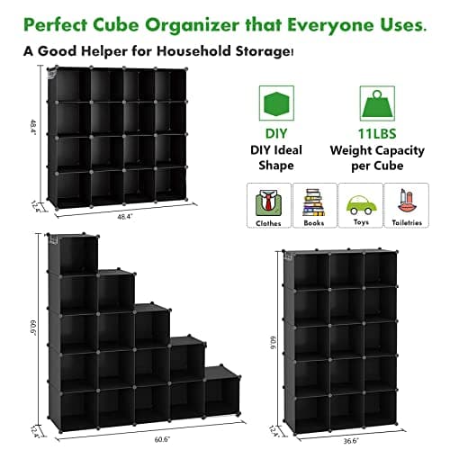 C&AHOME Cube Storage Organizer, 16-Cube Shelves Units, Plastic Storage Cubes, DIY Closet Organizer, Modular Closet Storage Shelves Ideal for Home, Bedroom, 48.4" L × 12.4" W × 48.4" H Black SUM3016H - View 3