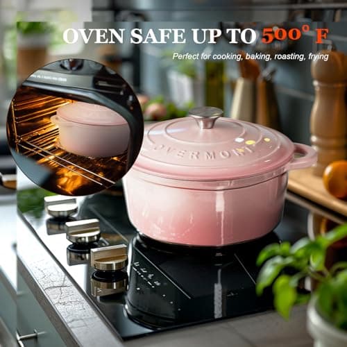 Overmont Enameled Cast Iron Dutch Oven - 4.5QT Pot with Lid Cookbook & Cotton Potholders - Heavy-Duty Cookware for Braising, Stews, Roasting, Bread Baking pink - View 5