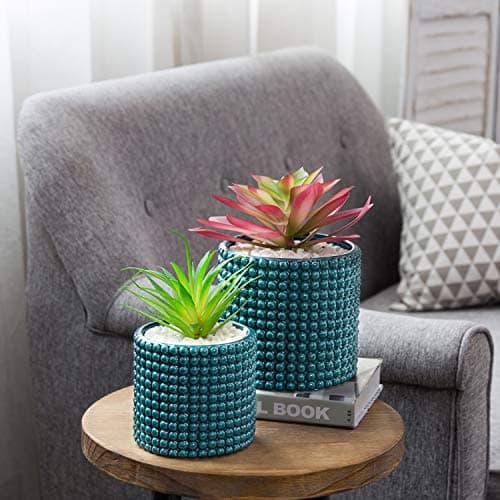 MyGift 6 Inch Ceramic Round Planter Pot, Set of 2 Vintage-Style Turquoise Ceramic Flower Pots, Indoor Hobnail Textured Cylindrical Succulent Plant Containers - View 6