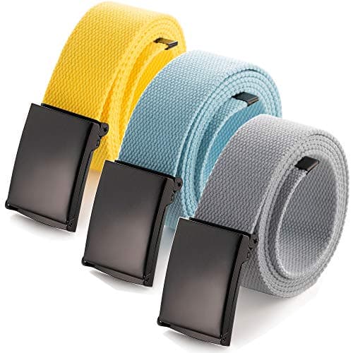 Mile High Life Cut To Fit Canvas Web Belt Size Up to 52" with Flip-Top Solid Black Military Buckle (3 Pack Yellow/Sky Blue/Gray)