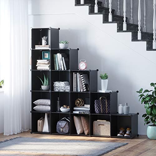 C&AHOME Cube Storage Organizer, 16-Cube Shelves Units, Plastic Storage Cubes, DIY Closet Organizer, Modular Closet Storage Shelves Ideal for Home, Bedroom, 48.4" L × 12.4" W × 48.4" H Black SUM3016H - View 2