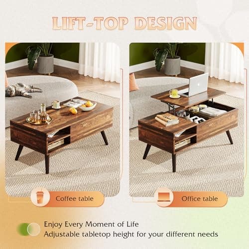 WLIVE Wood Lift Top Coffee Table with Hidden Compartment and Adjustable Storage Shelf, Lift Tabletop Dining Table for Home Living Room, Office, Rustic Oak - View 7