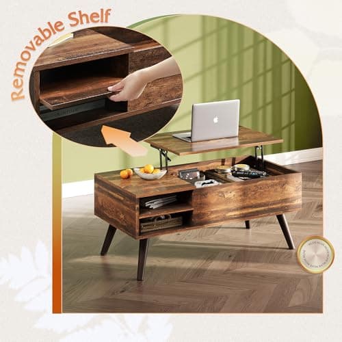 WLIVE Wood Lift Top Coffee Table with Hidden Compartment and Adjustable Storage Shelf, Lift Tabletop Dining Table for Home Living Room, Office, Rustic Oak - View 6